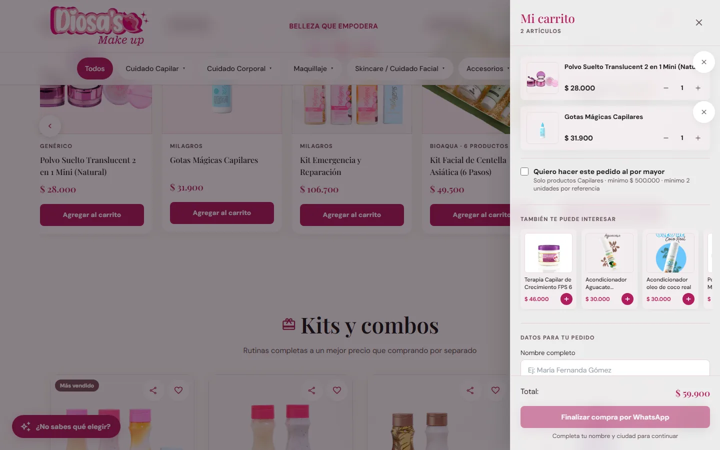 Carrito de compras con dos productos, opción de pedido al por mayor y botón para finalizar por WhatsApp