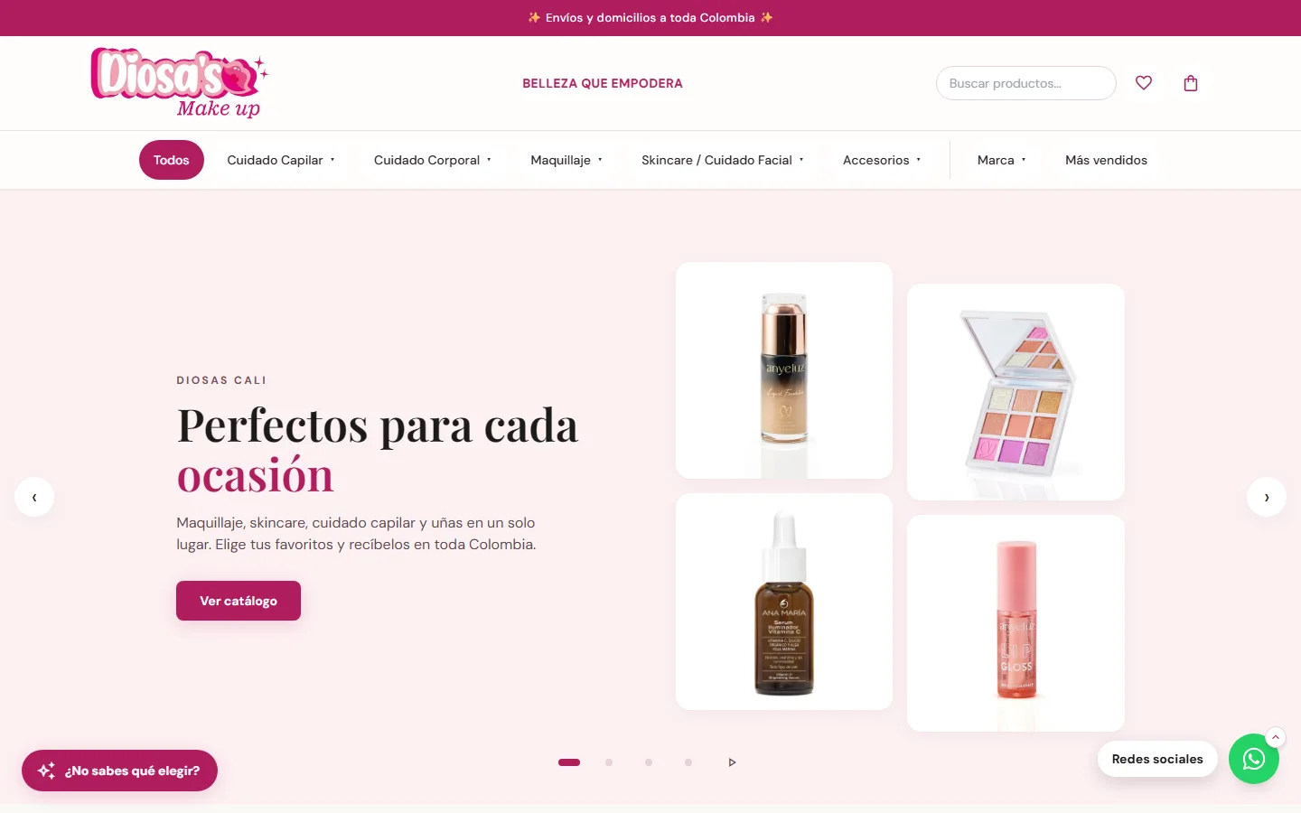 Portada de Diosa's Make up con menú de categorías, buscador y productos destacados