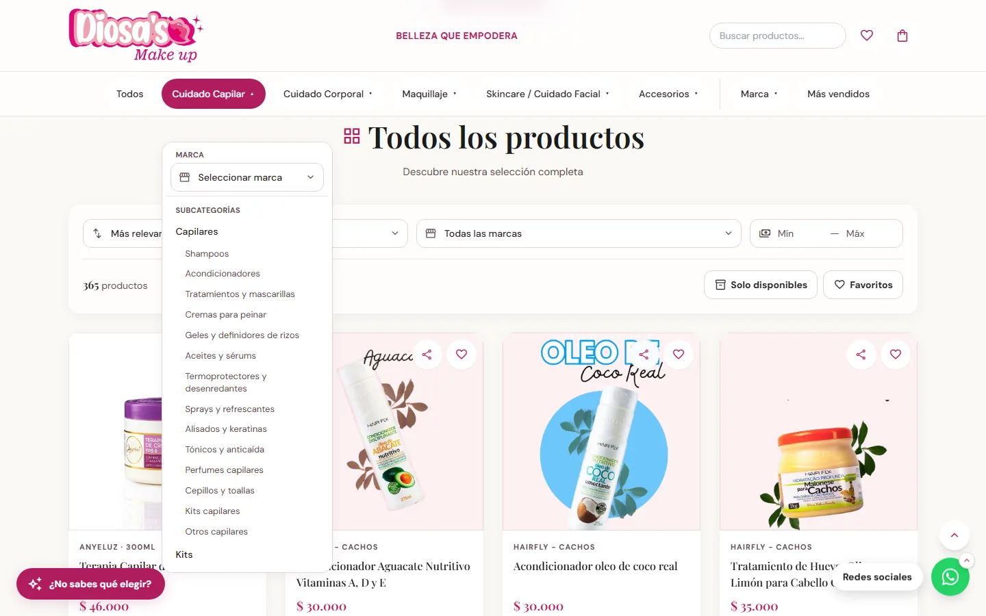 Menú desplegable de Cuidado Capilar con selector de marca y lista de subcategorías