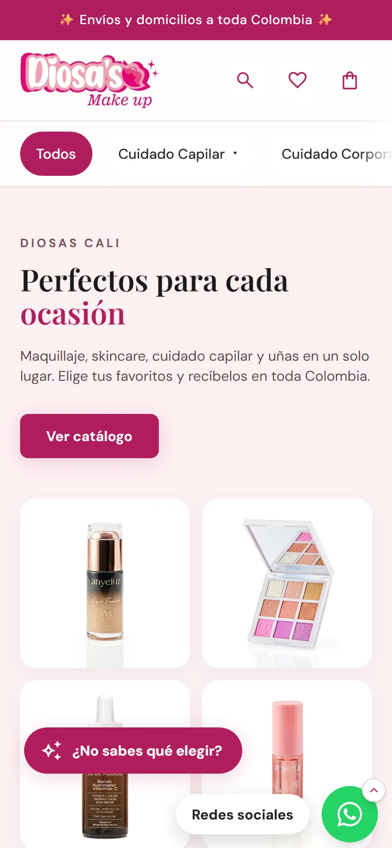 Vista de Diosa's Make up en un celular, con menú, hero y productos