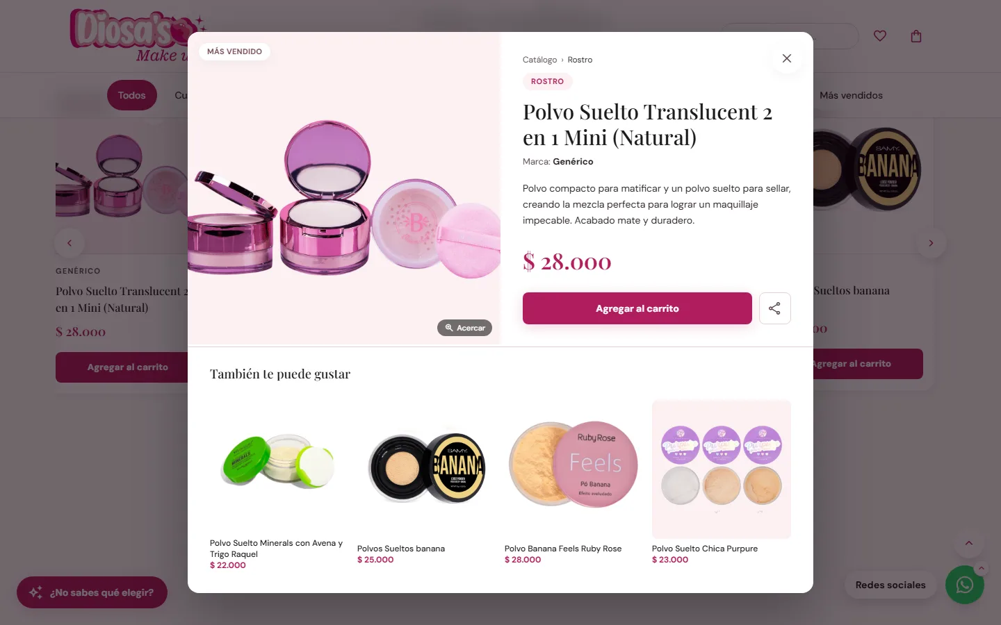 Ficha de un polvo suelto con foto, precio, botón de agregar al carrito y productos relacionados