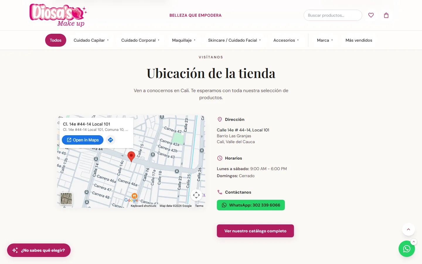 Sección de ubicación de la tienda con mapa de Google, dirección, horarios y botón de WhatsApp